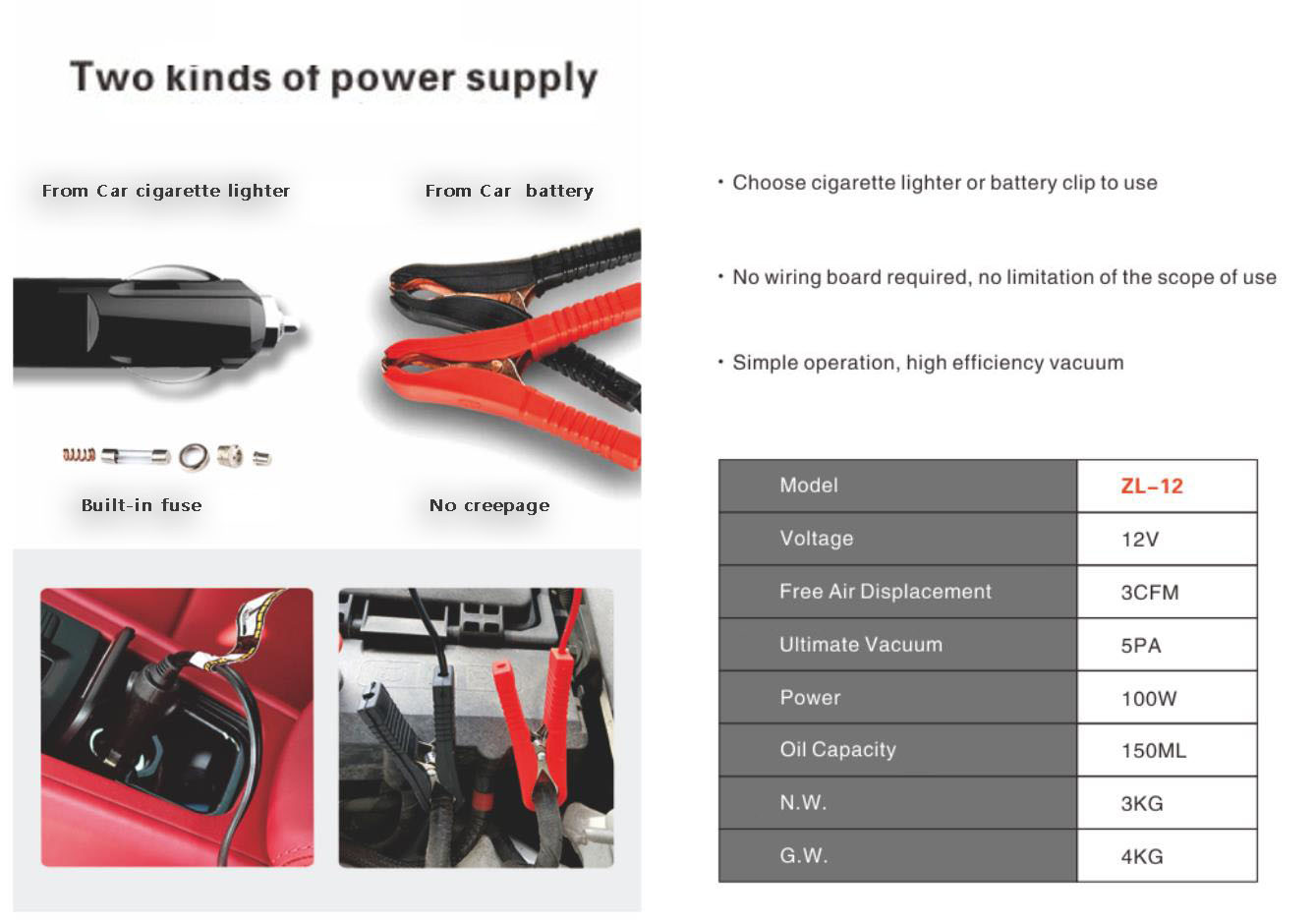 Vehicle Mounted Refrigeration Spare Parts Vacuum Pump 3 CFM Single Stage DC Motor