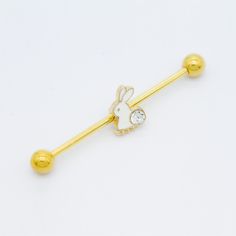 Gold Plated Cute Industrial Piercing Earrings Crystal Rabbit Pendant 38mm