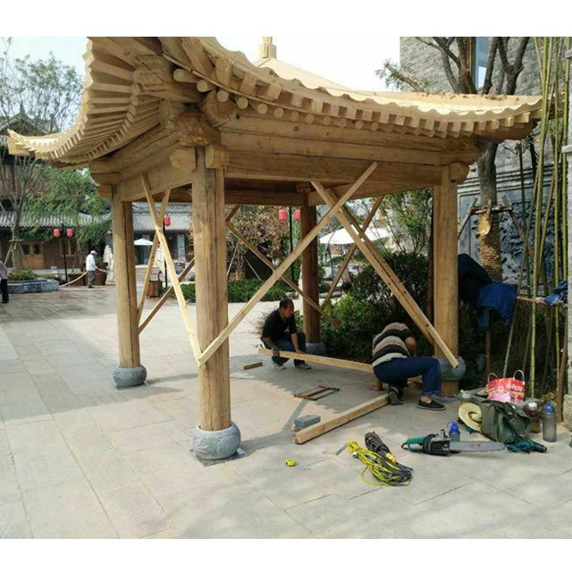 Handmade Outdoor Wooden Pergola 3.2m Chinese Pavilion Hexagon Wood Gazebo