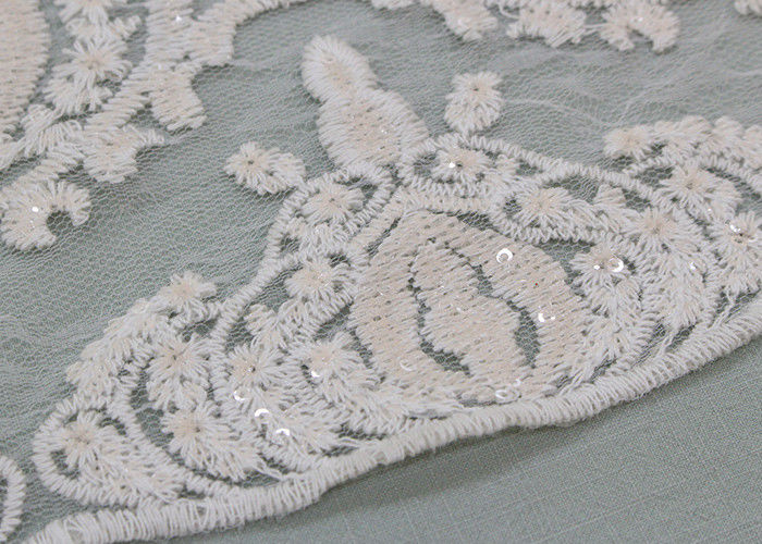Ivory Sequin Lace Fabrics , Embroidered Bridal Lace Fabrics For Wedding Dresses
