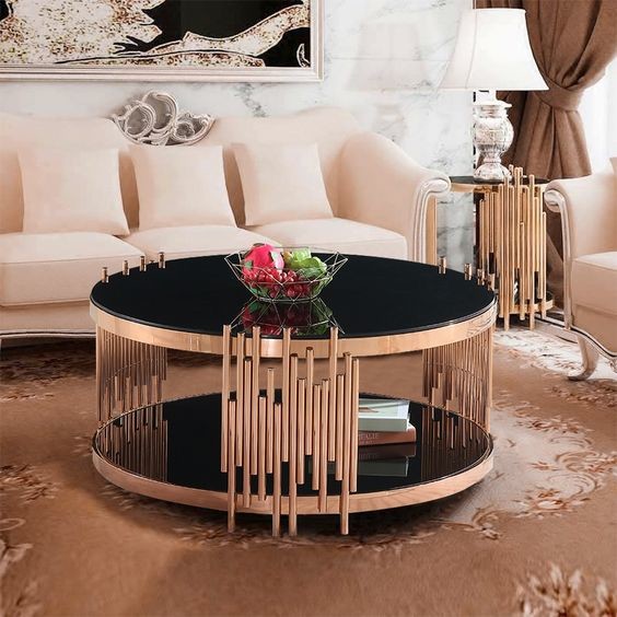 Marble Glass Top Gold Round Coffee Table With Storage Strike Deisgn
