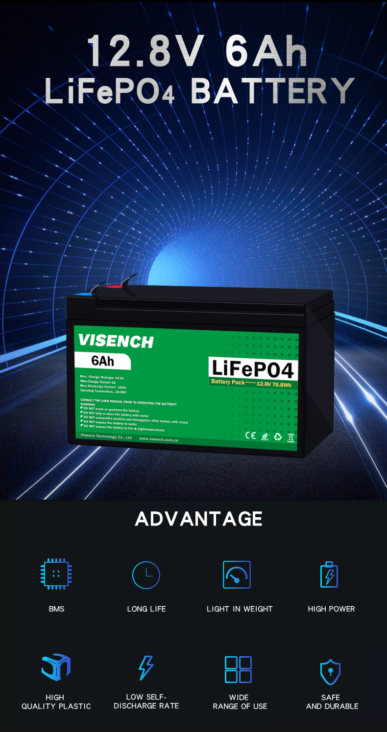 Visench CE Certificate 12.8V 6Ah Rechargeable Battery LiFePO4 Lead Acid Replace Lithium Ion Battery 12V 6Ah