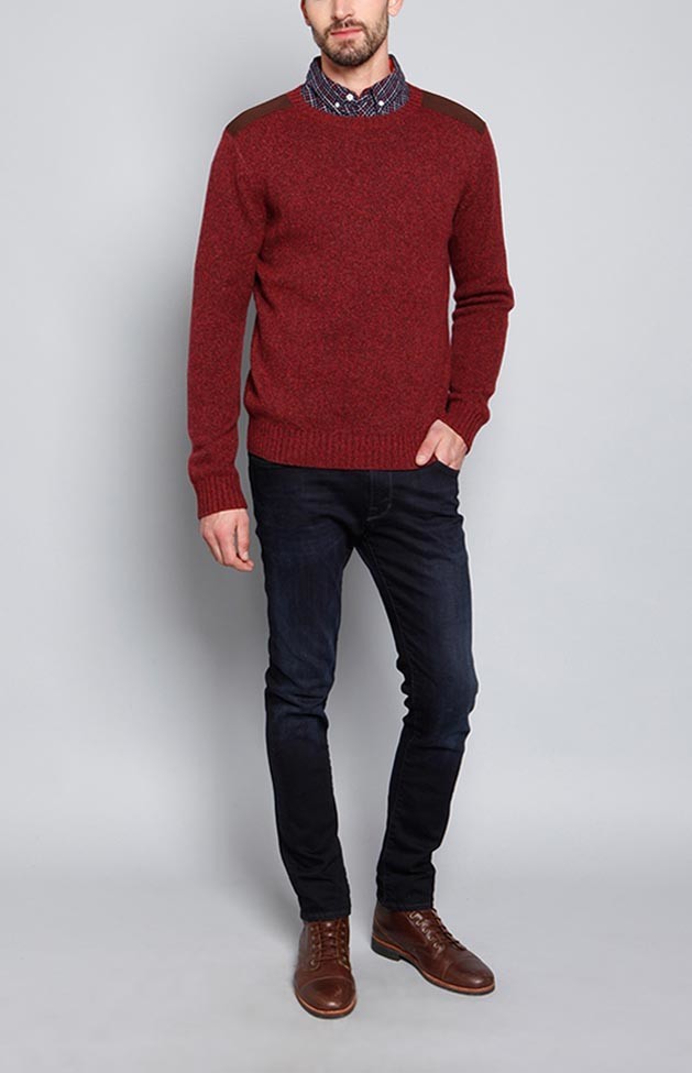 Elbow / Shoulder Patch Knit Pullover Sweater For Men Red Color Easy To Pair Pants