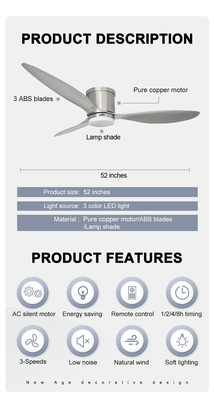 Remote Control LED Ceiling Fan with Low Profile Design and Energy Saving Function