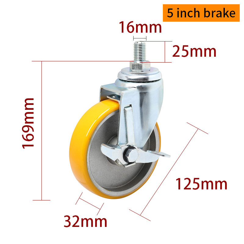 EDL Medium Duty 5inch 150kg Yellow TPU Threaded Caster by Swivel and Brake type 505S-86A