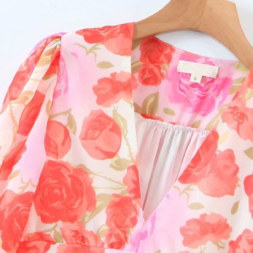 OEM maufactory Oil Painting Rose Printed Pleated V Neck Polyester Short Sleeve Dress