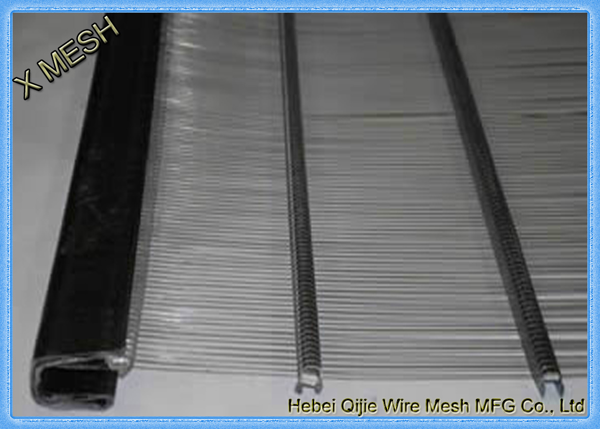 A piece of piano wire screen with two metal sliding bars.