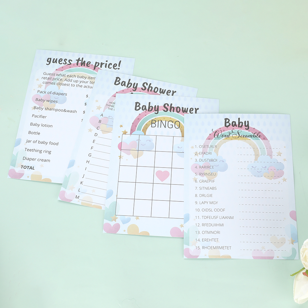 4c Offset Printing 100 Pcs Baby Shower Games Cards Bingo Guess Who Is Right Word Scramble