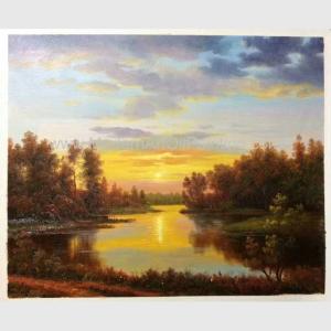 China Classical Nature Oil Painting Landscape Sunset Landscape Painting With Stream wholesale