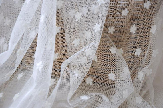 Ivory White Floral Embroidery Cotton Nylon Mesh Lace Fabric 59 Inch Width