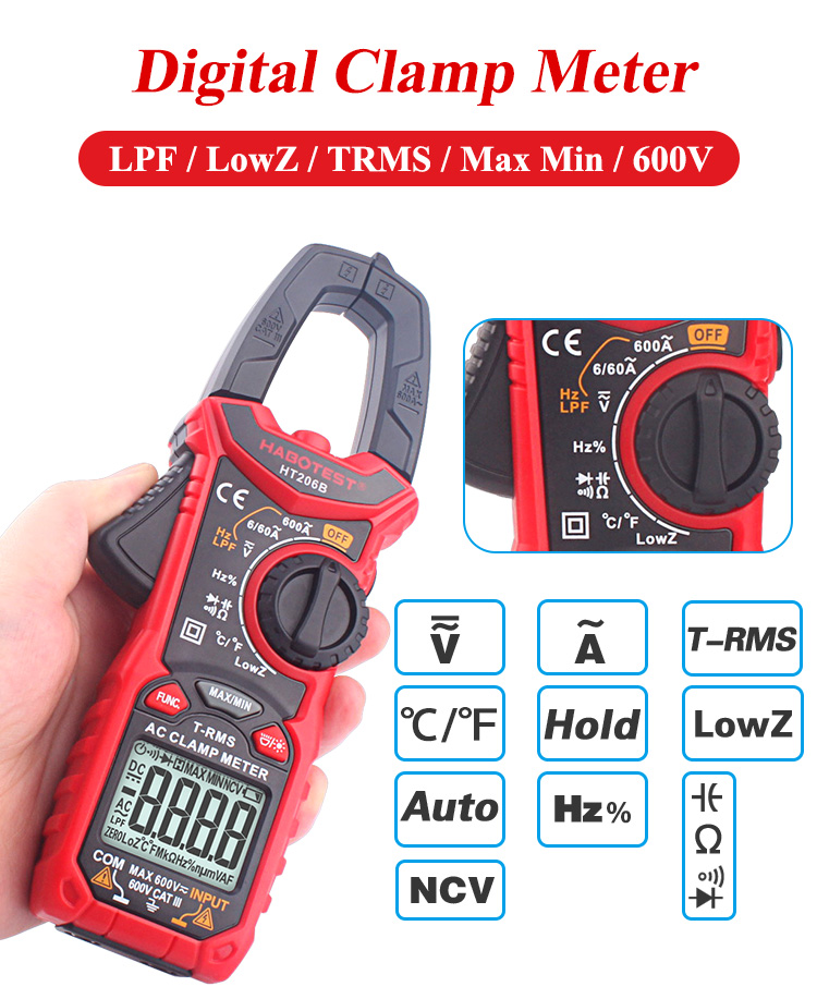 HT206B Auto Range Digital Clamp Meters , 600A AC Current Clamp Meter