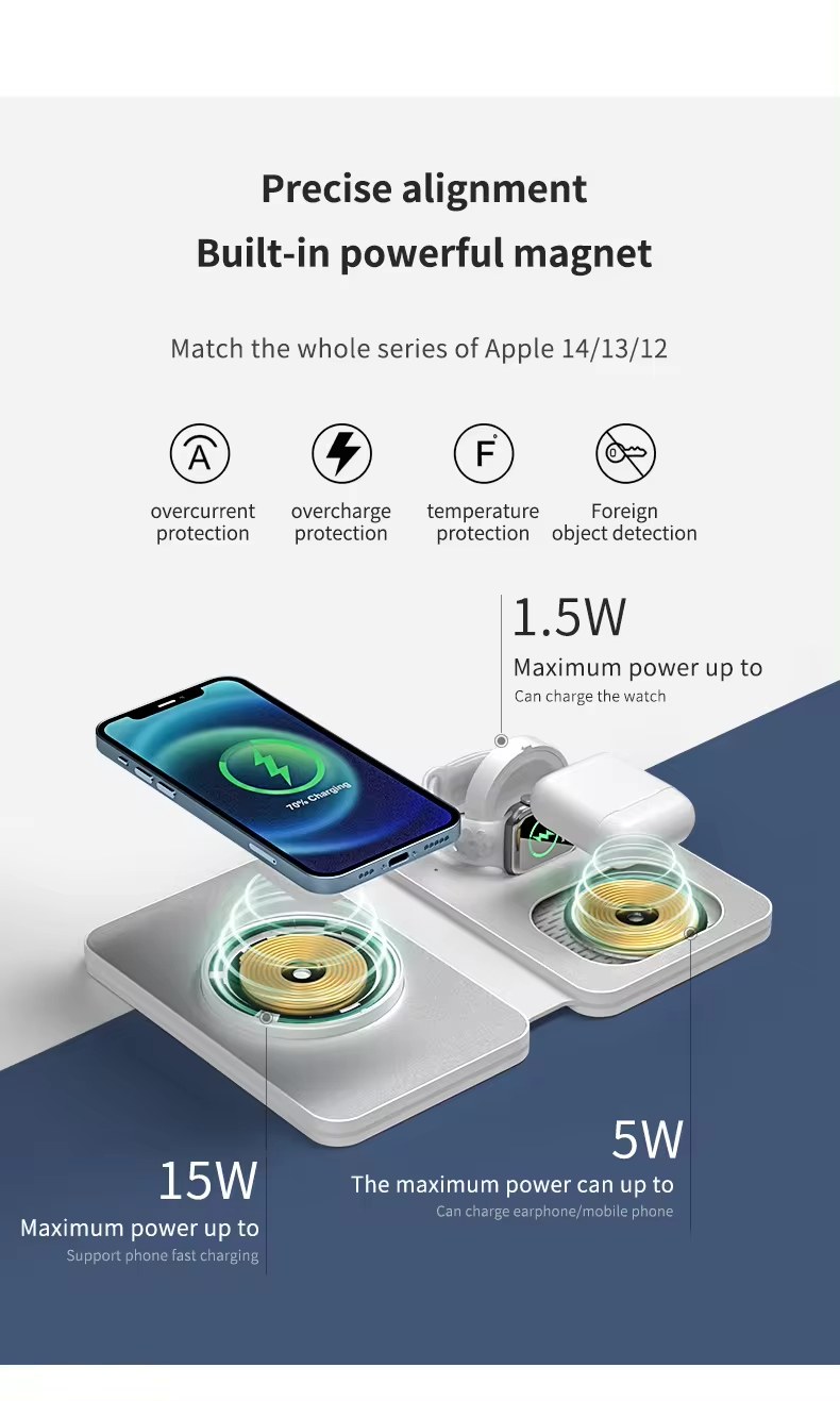 3 in 1 Wireless Charger Pad Magnetic Foldable Charging Station with 5W/3W/15W max Output