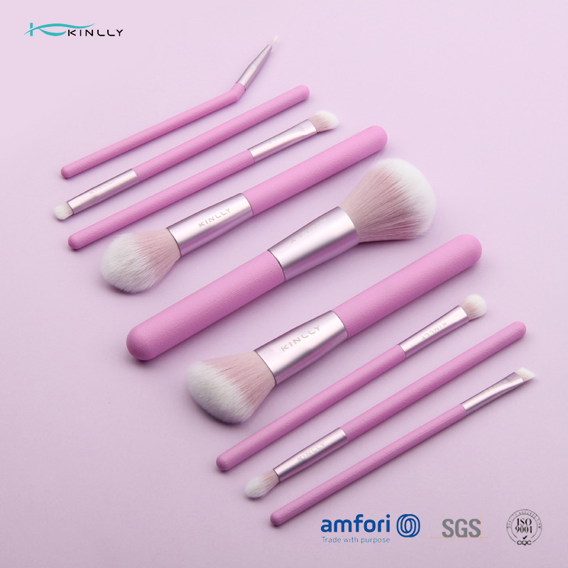 Purple Travel 9pcs Plastic Makeup Brushes With PU Pouch