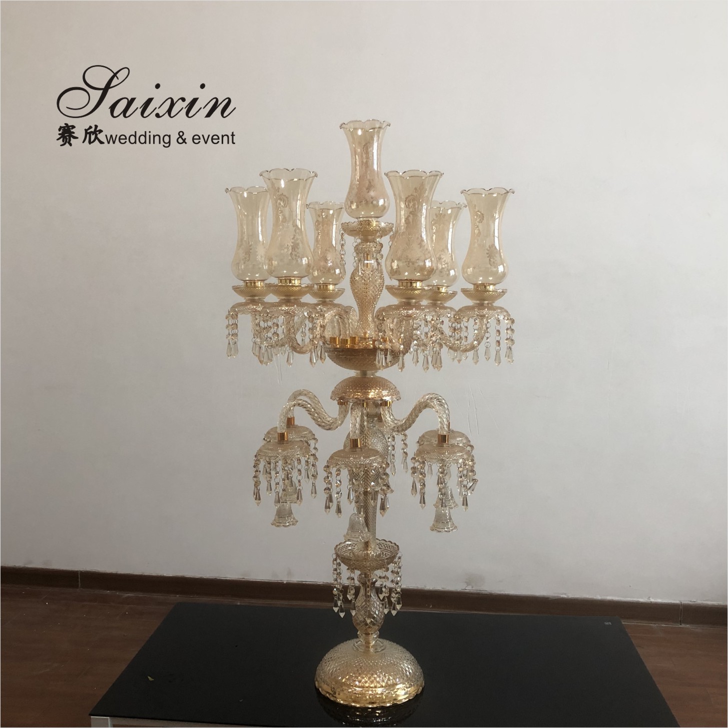 Antique Crystal Glass Candelabra Table Centerpiece 13 Arms Crystal Glass Champagne Gold