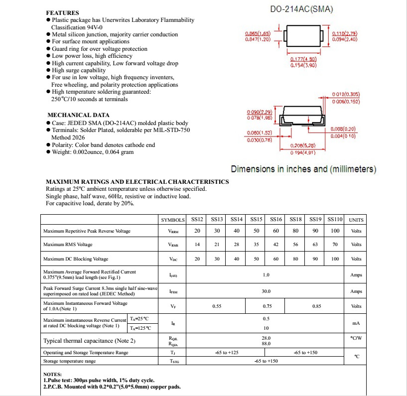 1A Schottky Barrier Rectifier Ss12 Thru Ss120 SMA/Do-214AC Package