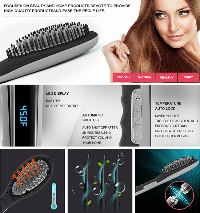 PTC Heater Hair Straightener Brush Comb Anti scald Shell with LCD indicator