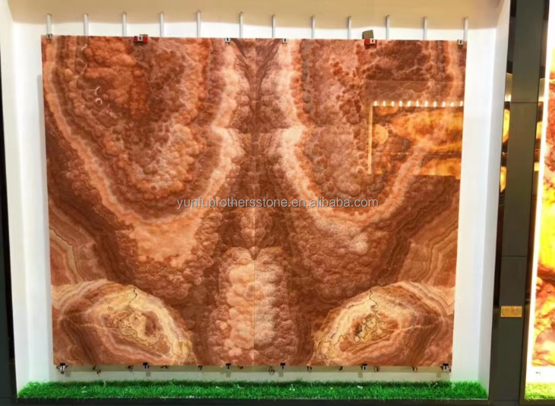 Backlit Red Onyx Marble Stone Book Matched Slab for Transparent Marble Table Pattern