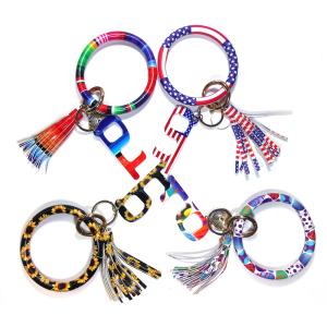 China PU Leather Circle 3 Inches Bangle Keychain Bracelet With Tassel wholesale