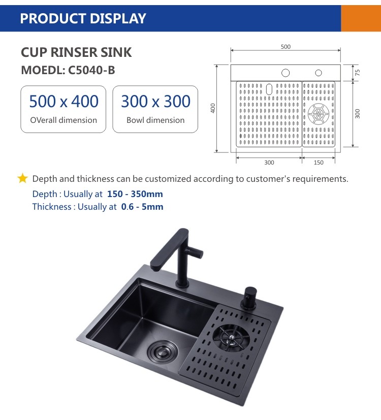 Black PCD Cup Rinser Sink Stainless Steel Handmade 16 Gauge Single Bowl 50x40
