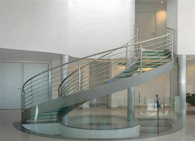 Residential Metal Spiral Staircase Stainless Steel Railing Laminated Glass Treads