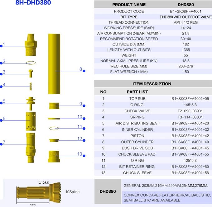High Air Pressure DTH Hammers DTH380 SD8 QL80 M80 For Drilling Deep Hole Length
