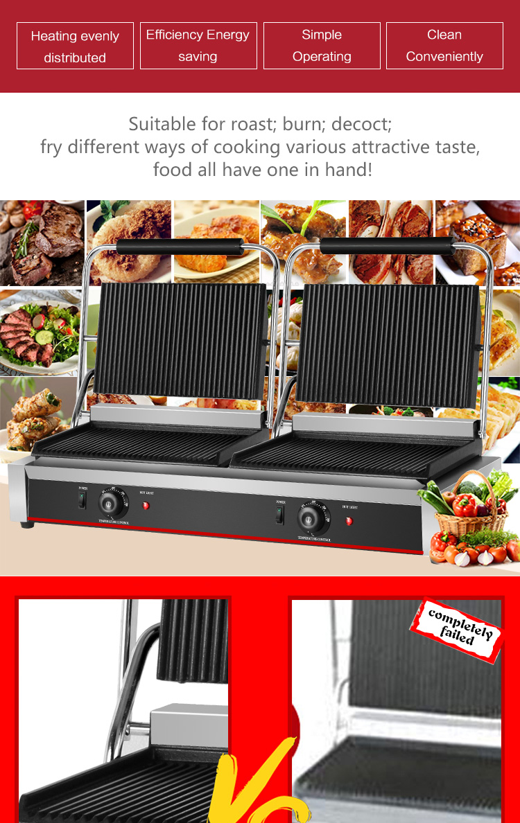 Stainless Steel Commercial Electric Panini Press Double Grill for Professional Kitchens