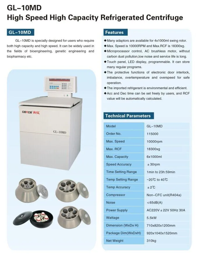 Biological Pharmacy Medical Large Capacity Refrigerated Centrifuge GL-10MD