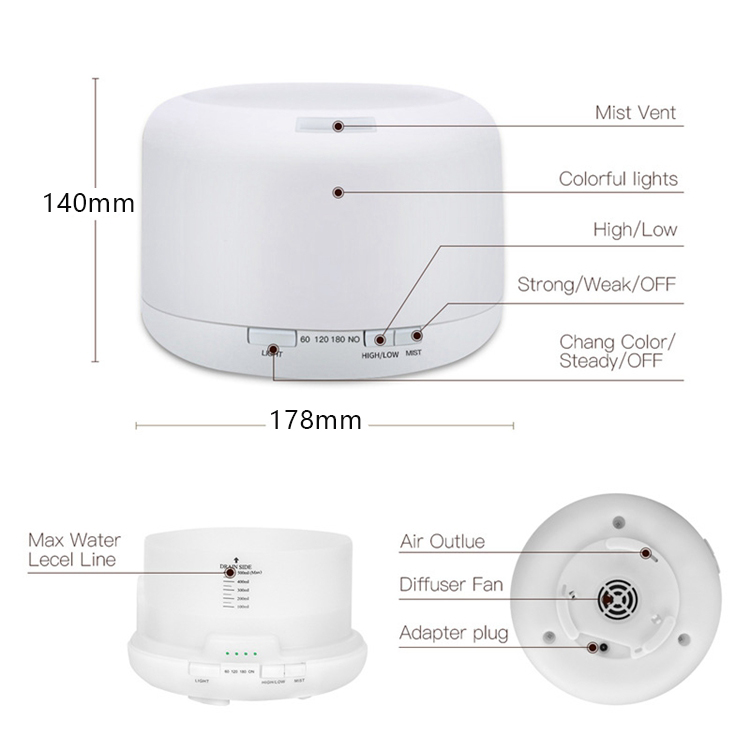 500ml Ultrasonic Aromatherapy Machine Cool Mist Maker Quiet Design Essential Oil Diffuser with Colorful Night Light