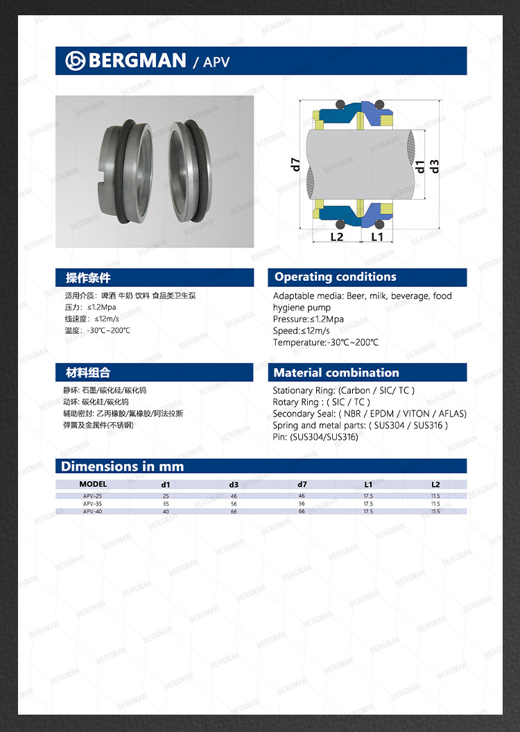 Bergman OEM W01 W02 W03 Rotor Pump Sanitary Pumps Food Pumps Seals Mechanical Seal