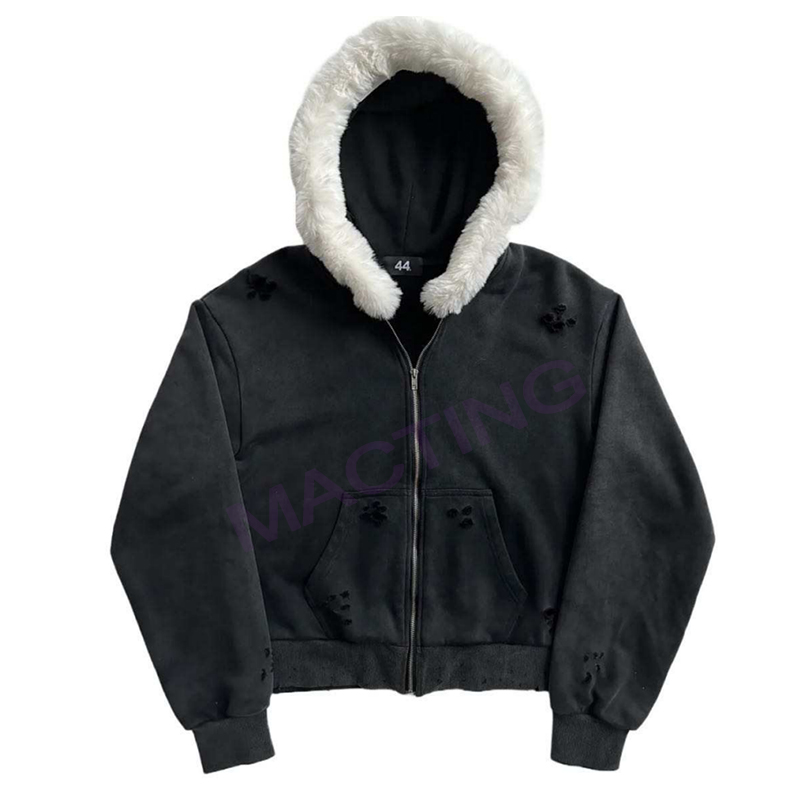 Solid Acid Wash Sun Faded Distressed Custom Full Zip Up Hoodies Coat with Fur Collar