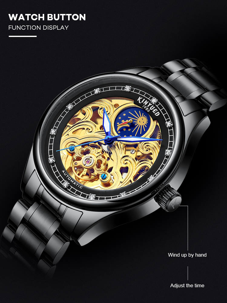 KINYUED popular stainless steel classical automatic luminous hands mens automatic skeleton watch