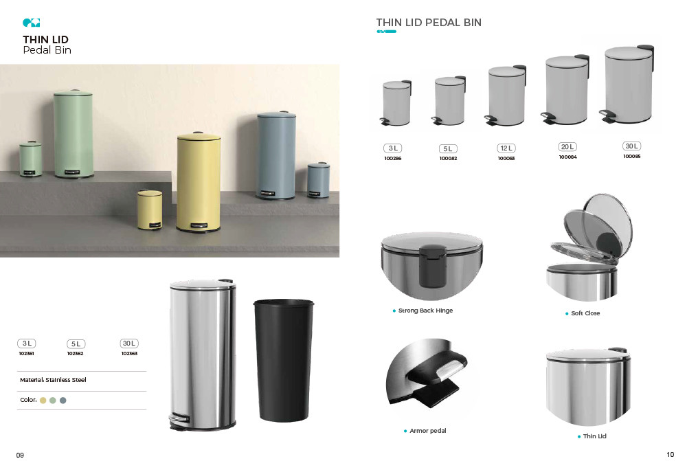 Basic 3L 5L 12L 20L 30L Stainless Steel Round Pedal Bin with Soft Close Inner Bucket