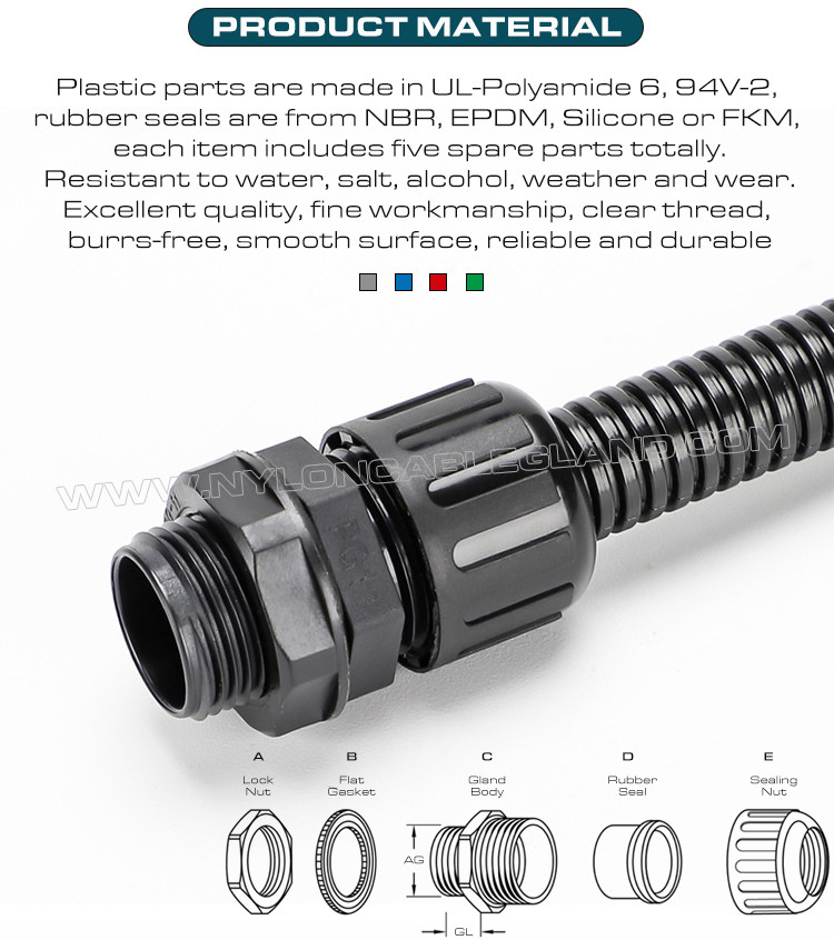 IP68 Plastic Straight Connectors, Adjustable Nylon 6 Cable Glands Waterproof Joints c/w M12~M63 Threads for AD10~AD54.5 Flexible Tubes