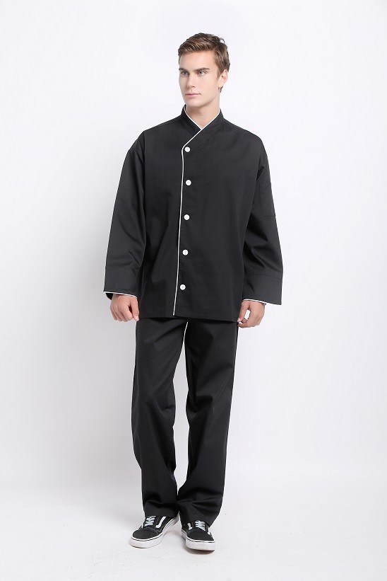 240 GSM Polyester 65% Cotton 35% Long Sleeve Feed Off Arm Black Chef Coat