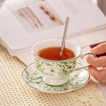 Business Gifts Occasion Ceramic Green Floral Bone Tea Cup Set With Saucer And