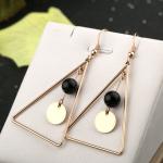 Black Agate Long Earrings, Triangle Design Staineless Steel Earring, 18K Gold