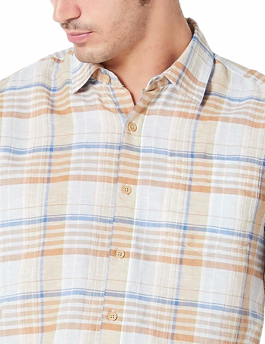 Beige Plaid 48% Cotton Mens Casual Linen Shirts Pointed Collar Long Sleeve
