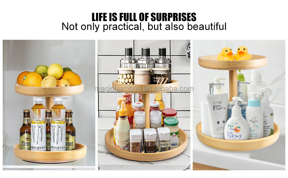 Standing Type 2 Tier Natural Bamboo Lazy Susan Turntable Organizer for Modern Kitchen