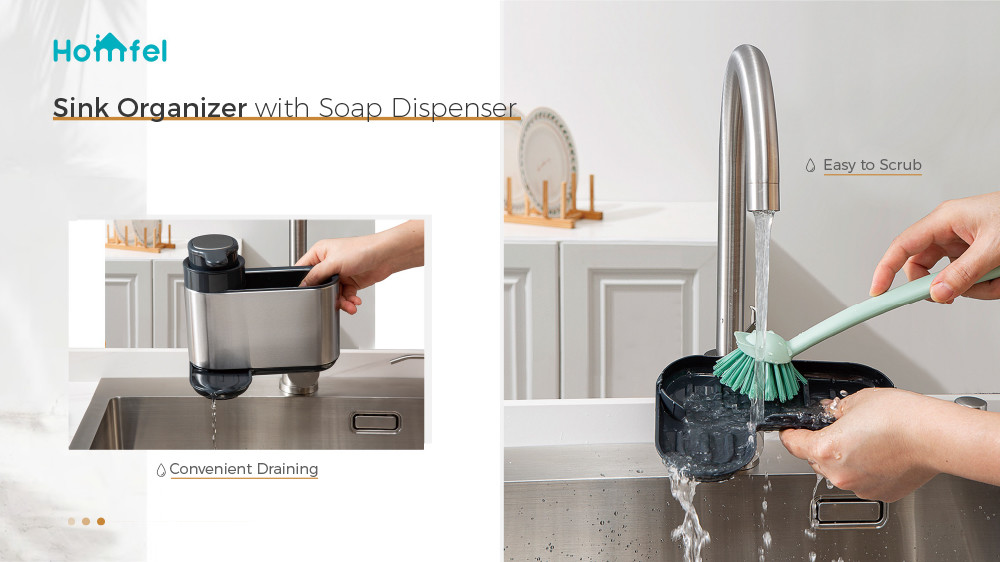 Stainless Steel Kitchen Sink Organiser Rack With Fluid Pump And Sponge Holder