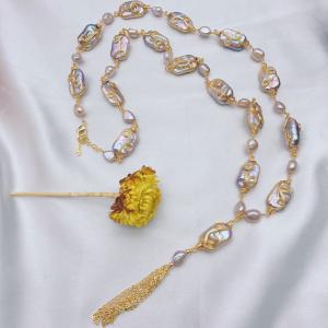 China Vintage Copper Natural Baroque Pearl Choker Necklace for Women New Thick Chain Necklace Sweater Natural Pearl Necklace wholesale