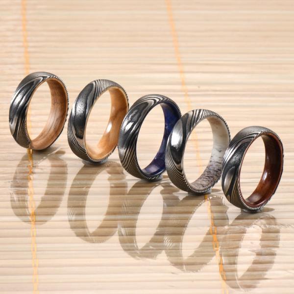 Etched Wedding Damascus Steel Rings 6mm 8mm With Deer Antler Sleeve Inlay