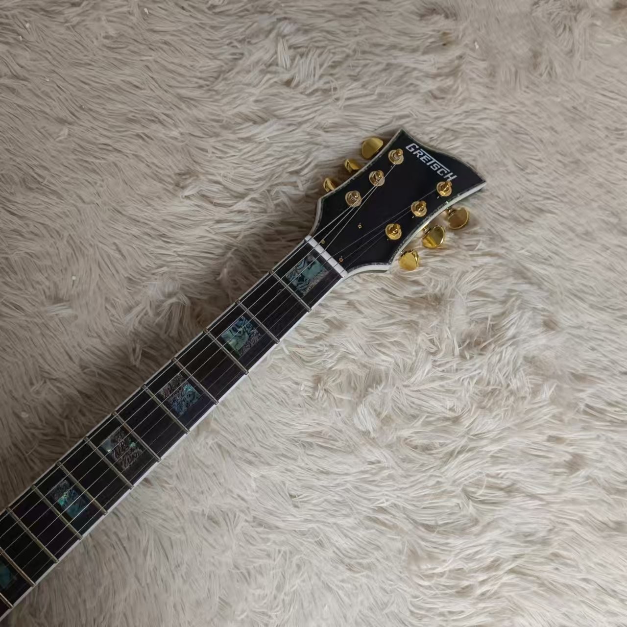 Custom f hole hollow body irregular body Gretsch style electric guitar with bigs bys trem in transparent black, accept guitar and bass OEM