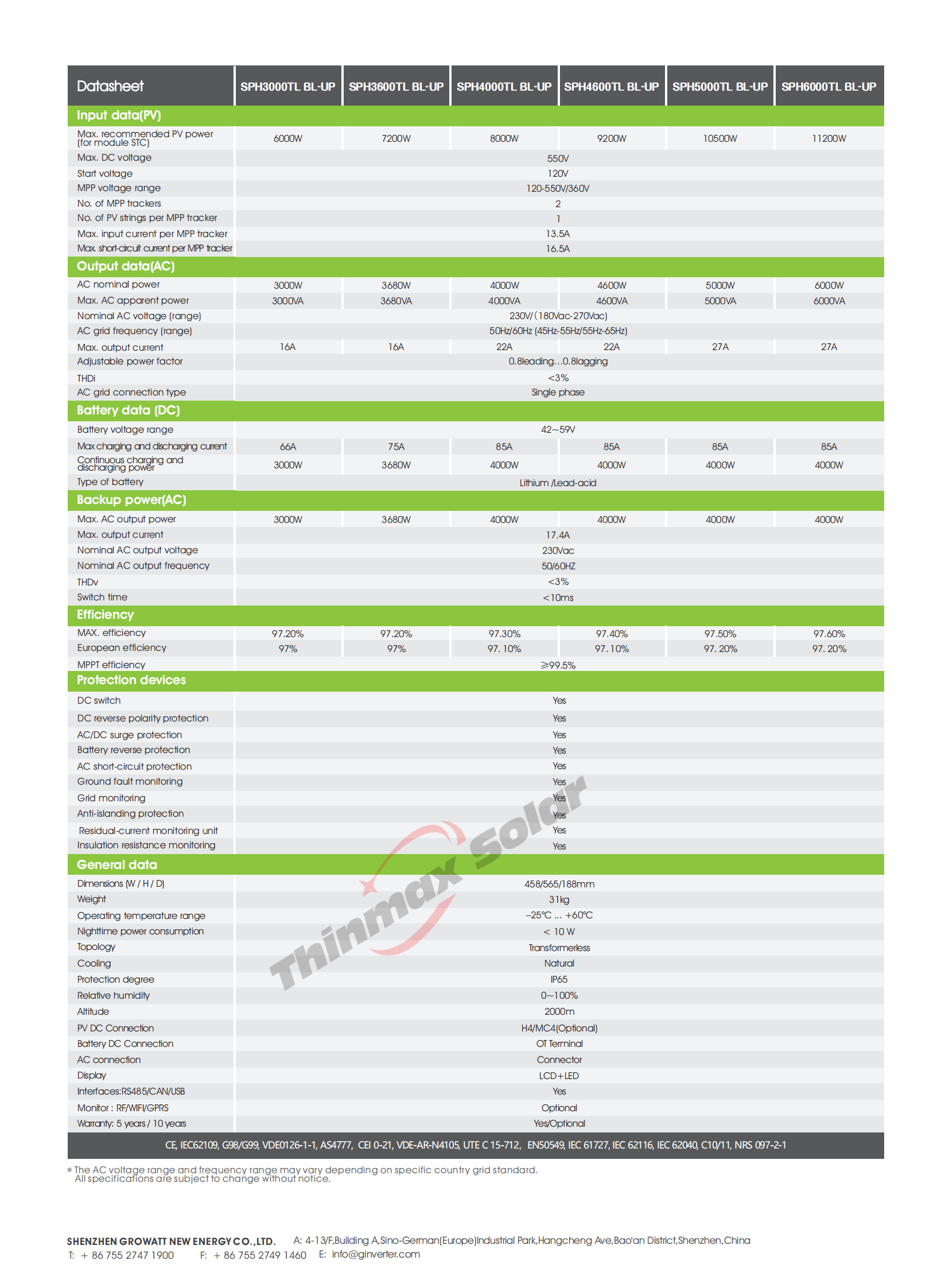 Hybrid Growatt SPH 3000-6000TL BL-UP 5KW Solar Inverter Single Phase Hybrid Inverter