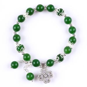 China 8MM Darker Green Jade Stone With Spinner Flower Charm Spiritual Healing Round Shape Stretch Bead Bracelet wholesale