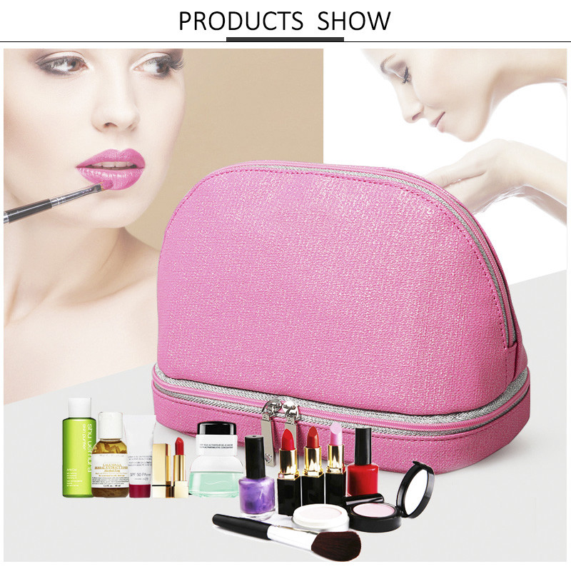 Double Layers Waterproof Travel Women PU Makeup Bag