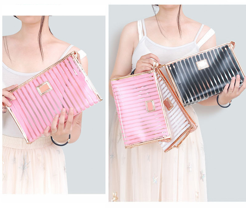 Pink Stripe Pattern Storage Bride PVC Cosmetic Bag