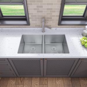 China 32''X19'' Handmade Kitchen Sink Double Bowl 18G Satin Brushed wholesale