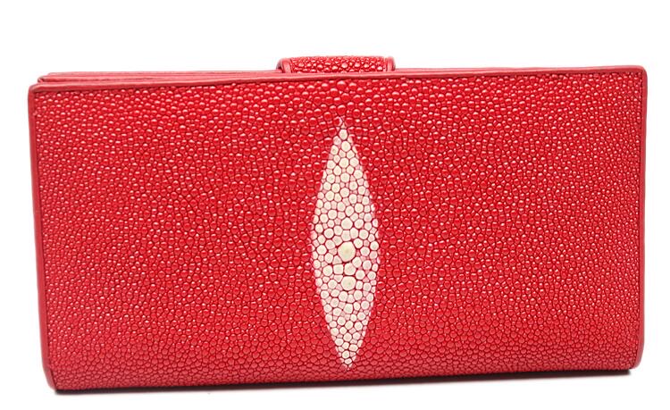 Authentic Real Stingray Skin Women's Long Red Wallet Lady Card Holders Genuine Leather Female Large Phone Clutch Purse