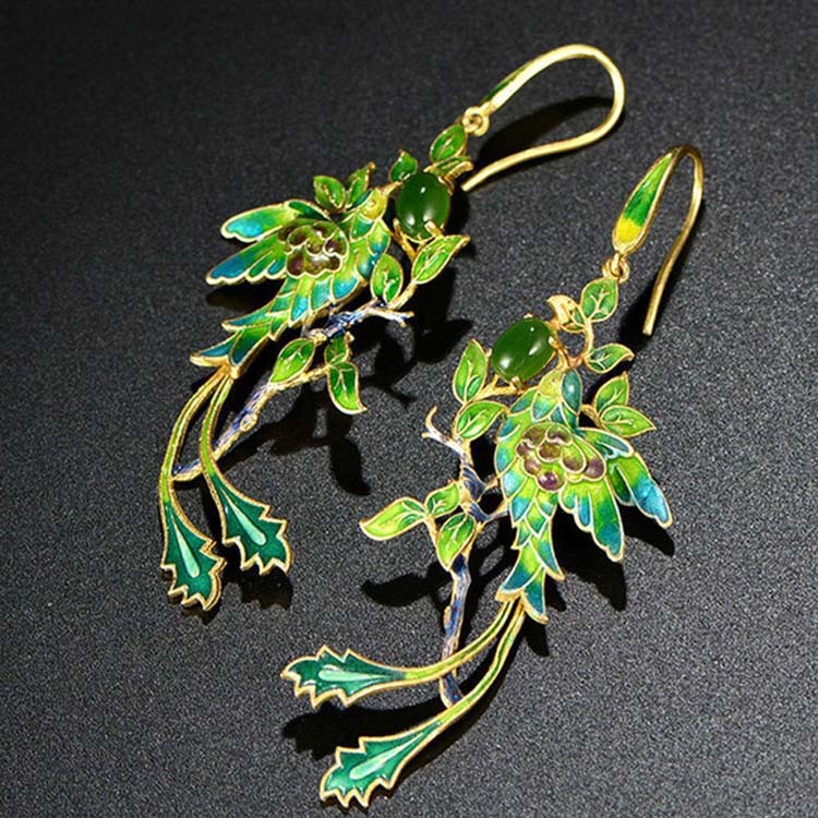 Gold Plated Stering Silver Drop Earrings with Enamel Phoenix Style Fashion Jewelry(E6050601GREEN)