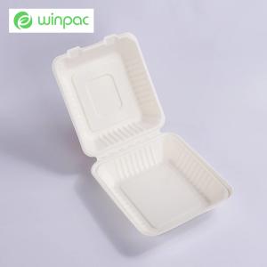 China 8in White Sugarcane Bagasse Clamshell 3 Compartments Sugarcane Bagasse Food Container wholesale